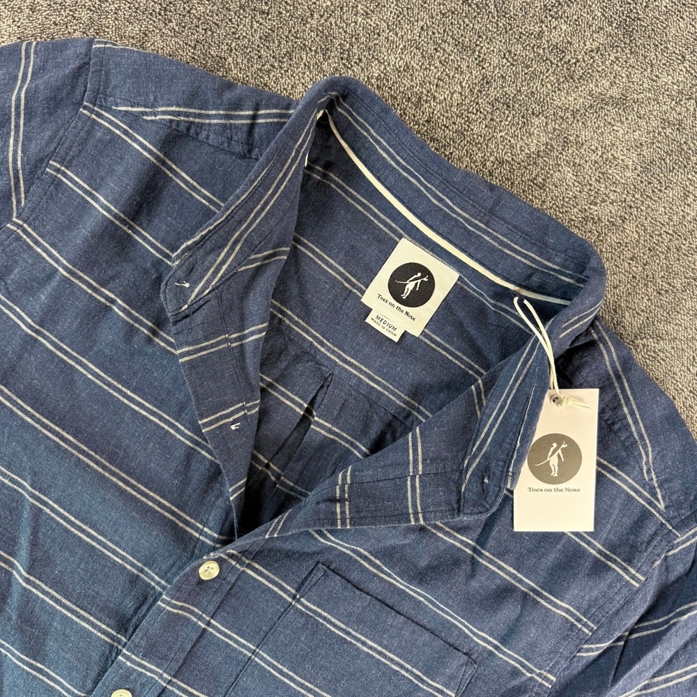 Toes on the Nose Coastline Mens Navy Blue Striped Linen Blend SS Shirt Size M